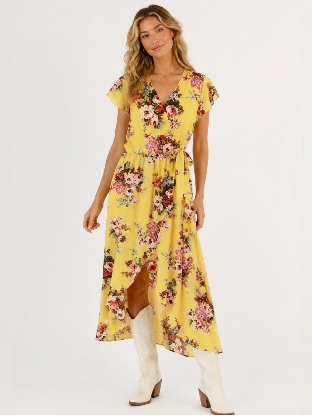 Sz M Scobe Boho Yellow Floral Midi Wrap Dress